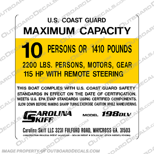Carolina Skiff 198 DLV Decal - 10 Person carolina, skiff, boats, 198, dlv, 10, person, boat, capacity, decal, sticker, 198 dlv, 198dlv
