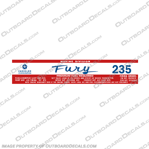 Chrysler Fury 235 Marine Division Decal outboard, engine, gas, fuel, tank, decal, sticker, replacement, new, chrystler, chrysler, 235, fury, marine, division,