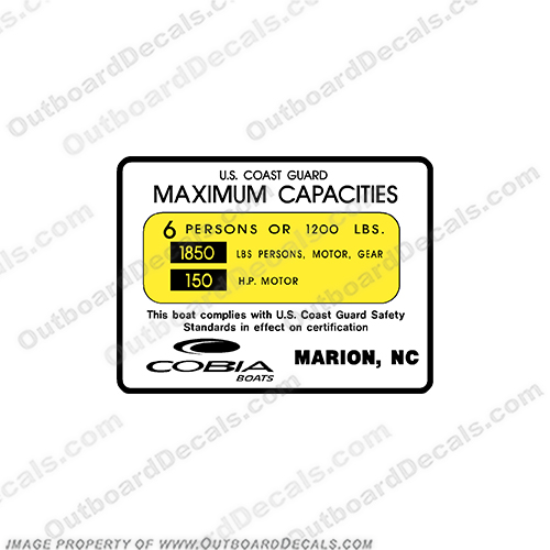 Cobia Boat Capacity Decal - 6 Person  cobia, 6, six, person, boat, logo, decal, capacity, plate, sticker, decal, regulation, coast, guard, warning, fuel, gas, diesel, safety, INCR10Aug2021