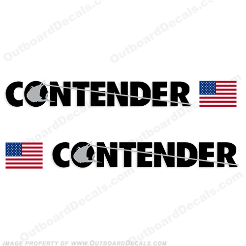 Contender Boat Logo Decals with Flag - 2 Color - Choose your Colors! *Shown in Black and Silver* contender, boat, logo, decal, with, flag, w, stickers, decals, any, color, 2, two, silver, black, set, of, 2, outboard, name. word, 