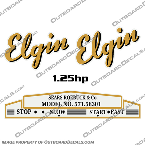 Elgin 1.25hp Outboard Motor Decals - 1947 1948 1949 1950 1951 1952 1953 elgin, 1.25hp, 1.25, hp, outboard, motor, decals, kit, stickers, vintage, engine, 1947, 1948, 1949, 1950, 1951, 1952, 1953