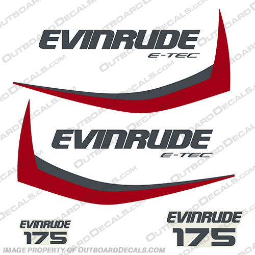 Evinrude 175hp E-Tec Decal Kit (Red / Dark Grey) - 2015+ evinrude, 175, 175hp, e-tec, etec, outboard, decal, kit, stickers, set, red, dark, grey, custom, color, engine, boat, 2015, and, up, 2016, 2017, 2018