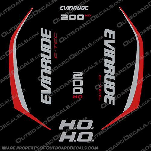 Evinrude 200hp High Output G2 E-Tec Decal Kit ( Red / Grey ) - 2014-2019 evinrude, decals, 200, hp, 200hp, e-tec, 2015, g2, outboard, cowl stickers, red, stickers, kit, 2014, 2015, 2016, 2017, 2018, 2019, 2015+, red, grey, red/grey, gray,