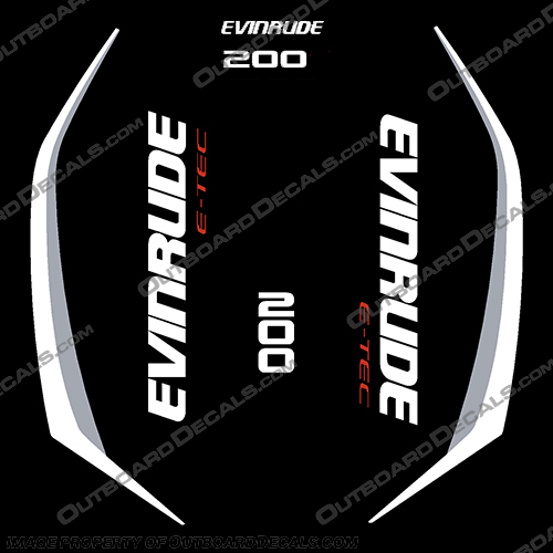 Evinrude 200hp G2 E-Tec Decal Kit (White/Grey) - 2014-2019 evinrude, decals, 200, hp, 200hp, e-tec, 2015, g2, outboard, cowl stickers, red, stickers, kit, 2014, 2015, 2016, 2017, 2018, 2019, 2015+, white, grey, white/grey,