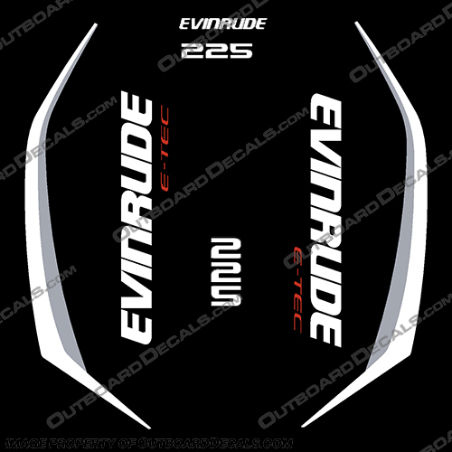 Evinrude 225hp G2 E-Tec Decal Kit (White/Grey) - 2014-2019 evinrude, decals, 225, hp, 225hp, e-tec, 2015, g2, outboard, cowl stickers, red, stickers, kit, 2014, 2015, 2016, 2017, 2018, 2019, 2015+, white, grey, white/grey,
