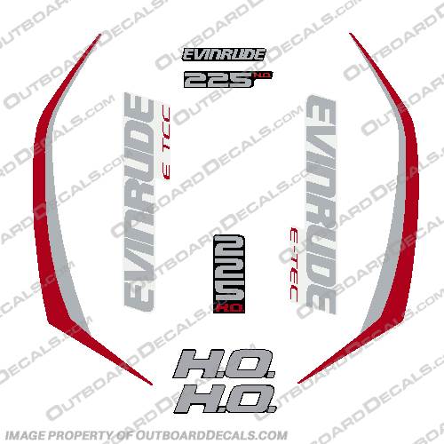 Evinrude 225hp High Output G2 E-Tec Decal Kit (Red / Silver) evinrude, decals, 225, hp, e-tec, 2015, g2, outboard, cowl stickers, red, stickers, kit, 2014, 2015, 2016, 2017, 2018, 2019, 225hp, Red, Letter, red/silver, silver,