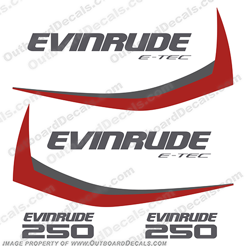 Evinrude 250hp G1 E-Tec Decal Kit (Red) - 2014-2016 evinrude, 250, 250hp, hp, e-tec, etec, 2013, 2012, 2014, g1, generation, outboard, engine, motor, decal, sticker, kit, set