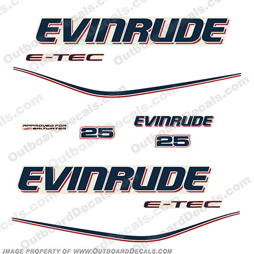 Evinrude 25hp E-Tec Decal Kit - White Cowl 25 hp, 2009, 2013, etec, e tec, 2010, 2011, 2012, evinrude, 25, e-tec, 2009, 2010, 2012, 2013, outboard, motor, engine, cowl, decal, sticker, kit, set, of, decals