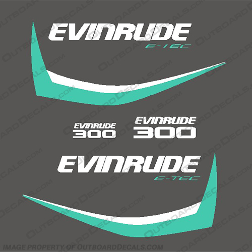 Evinrude 300hp G1 E-Tec Decal Kit (Aqua/White) - 2014-2016 evinrude, 300, 300hp, hp, e-tec, etec, 2014, 2015, 2016,  g1, generation, outboard, engine, motor, decal, sticker, kit, set, aqua, white, decals, stickers, 