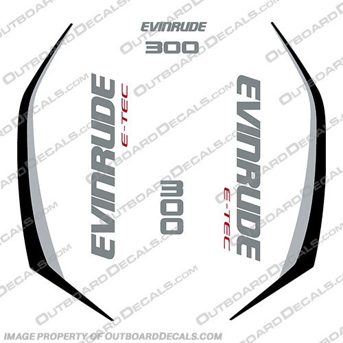 Evinrude 300hp G2 E-Tec Decal Kit (Silver / Dark Grey / Black) - 2014-2019 evinrude, decals, 300, hp, e-tec, 2015, g2, outboard, cowl stickers, red, stickers, kit, 2014, 2016, black, silver, boat, engine, dark, greay, dark grey, 2015, black, 2019,