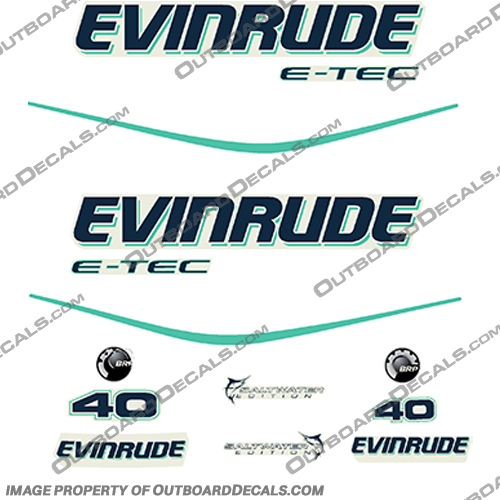 Evinrude 40hp E-Tec Decal Kit - Aqua evinrude, 40hp, 50hp, 60hp, outboard, engine, motor, decal, sticker, kit, set, 40, 50, 60, 2013, 2014, 2015, 2016, 2017, 2018, evinrude 40 50 60 aqua, E40DGTLAGA