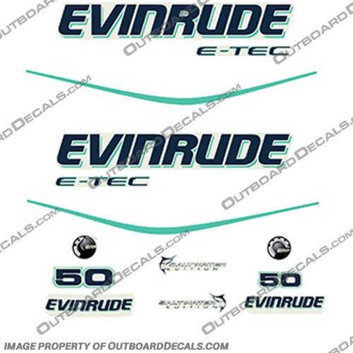 Evinrude 50hp E-Tec Decal Kit - Aqua evinrude, 40hp, 50hp, 60hp, outboard, engine, motor, decal, sticker, kit, set, 40, 50, 60, 2013, 2014, 2015, 2016, 2017, 2018, evinrude 40 50 60 aqua E40DGTLAGA