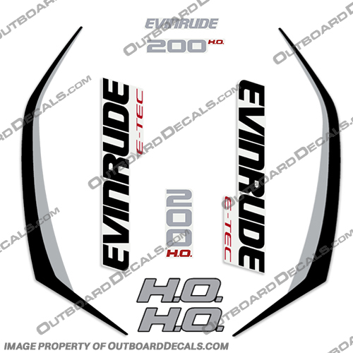 Evinrude 200hp High Output G2 E-Tec Decal Kit (Silver / Black) - 2014-2019 evinrude, decals, 200, hp, 200hp, e-tec, 2015, g2, outboard, cowl stickers, red, stickers, kit, 2014, 2015, 2016, 2017, 2018, 2019, Silver, Black, Silver/Black, Silver / Black