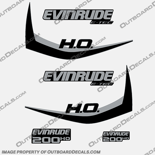 Evinrude 200hp High Output E-Tec Decal Kit (Black) - 2011-2014 evinrude, 200, 200hp, hp, e-tec, etec, 2014, 2011, 2012, 2013, g1, generation, outboard, engine, motor, decal, sticker, kit, set, red, decals, stickers, high, output, ho, 