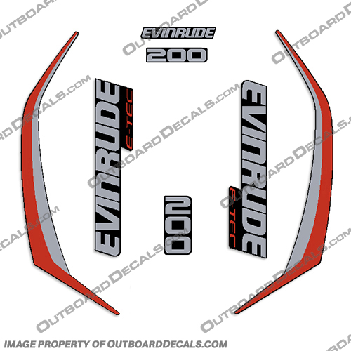 Evinrude 200hp G2 E-Tec Decal Kit (Red) - 2014-2019 evinrude, decals, 200, hp, e-tec, 2015, g2, outboard, cowl stickers, red, stickers, kit, 2014, 2016, black, silver, boat, engine, 2015, 225hp, 