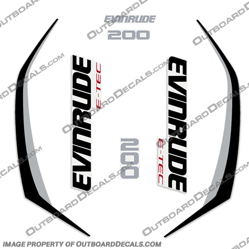 Evinrude 200hp G2 E-Tec Decal Kit (Silver / Black) - 2014-2019 evinrude, decals, 200, hp, 200hp, e-tec, 2015, g2, outboard, cowl stickers, red, stickers, kit, 2014, 2015, 2016, 2017, 2018, 2019, Silver, Black, Silver/Black, Silver / Black