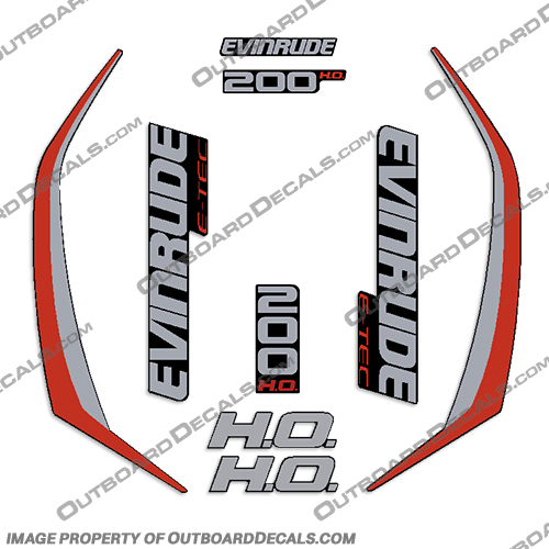 Evinrude 200hp High Output G2 E-Tec Decal Kit (Red) - 2014-2019 evinrude, decals, 200, hp, e-tec, 2015, g2, outboard, cowl stickers, red, stickers, kit, 2014, 2016, black, silver, boat, engine, 2015, 200hp, high output,