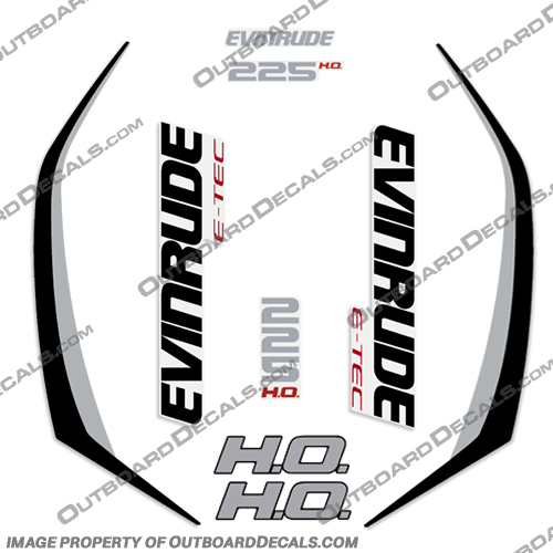 Evinrude 225hp High Output G2 E-Tec Decal Kit (Silver / Black) - 2014-2019 evinrude, decals, 225, hp, 225hp, e-tec, 2015, g2, outboard, cowl stickers, red, stickers, kit, 2014, 2015, 2016, 2017, 2018, 2019, Silver, Black, Silver/Black, Silver / Black