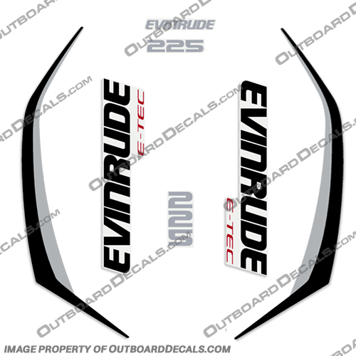 Evinrude 225hp G2 E-Tec Decal Kit (Silver / Black) - 2014-2019 evinrude, decals, 225, hp, 225hp, e-tec, 2015, g2, outboard, cowl stickers, red, stickers, kit, 2014, 2015, 2016, 2017, 2018, 2019, Silver, Black, Silver/Black, Silver / Black