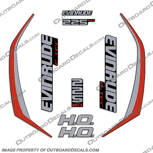 Evinrude 225hp High Output G2 E-Tec Decal Kit (Red) - 2014-2019 evinrude, decals, 225, hp, e-tec, 2015, g2, outboard, cowl stickers, red, stickers, kit, 2014, 2016, black, silver, boat, engine, 2015, 225hp, high output,