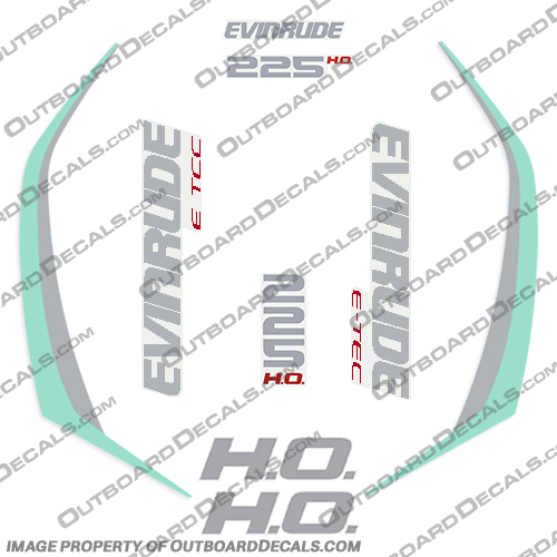 Evinrude 225hp High Output G2 E-Tec Decal Kit (SeaFoam Green) - 2015+ evinrude, decals, 225, hp, 225hp, e-tec, 2015, g2, outboard, cowl stickers, red, stickers, kit, 2014, 2015, 2016, 2017, 2018, 2019, 2015+, Seafoam, green, Sea, Foam,