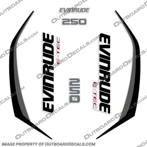 Evinrude 250hp G2 E-Tec Decal Kit (Black/Dark Grey)  evinrude, decals, 250, hp, e-tec, 2015, g2, outboard, cowl stickers, red, stickers, kit, 2014, 2016, black, silver, boat, engine, dark, greay, dark grey, 2015, 2016, 2017, 2018, 2019, 2020