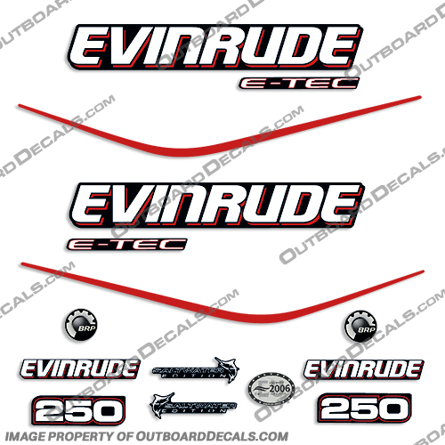 Evinrude 250hp E-Tec Decal Kit - Black Cowl evinrude, decals, 250, 250hp, hp, e-tec, etec, saltwater, edition, black, cowl, 2004, 2005, 2006, 2007, 2008, 2009, decal, sticker, kit, set,