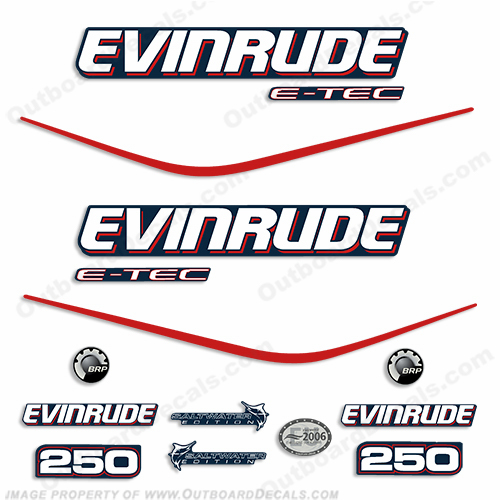 Evinrude 250hp E-Tec Decal Kit - Blue Cowl evinrude, decals, 250, 250hp, hp, e-tec, etec, saltwater, edition, black, cowl, 2004, 2005, 2006, 2007, 2008, 2009, decal, sticker, kit, set,