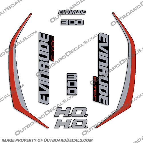 Evinrude 300hp G2 E-Tec Decal Kit (Red) - 2014-2019 evinrude, decals, 300, hp, e-tec, 2015, g2, outboard, cowl stickers, red, stickers, kit, 2014, 2016, black, silver, boat, engine, 2015, 