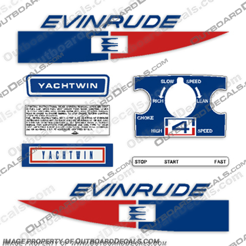 Evinrude 4hp Yachtwin Decal Kit- 1971 evrinrude, yachtwin, 4, 4hp, 4 hp, 1971, vintage, motor, outboard, boat, decals, set, kit, stickers, engine, cover,