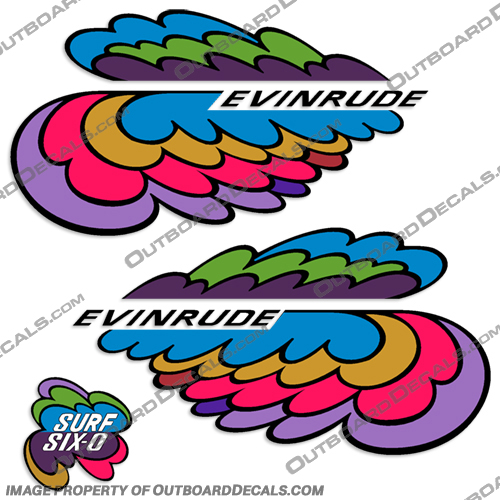 Evinrude 60hp Surf Six-O Decal Kit - 1971 evinrude, 60, 60hp, 60 hp, surf, six-o, decals, decal, kit, stickers, set, boat, outboard, vintage, 1971, 71, motor, 