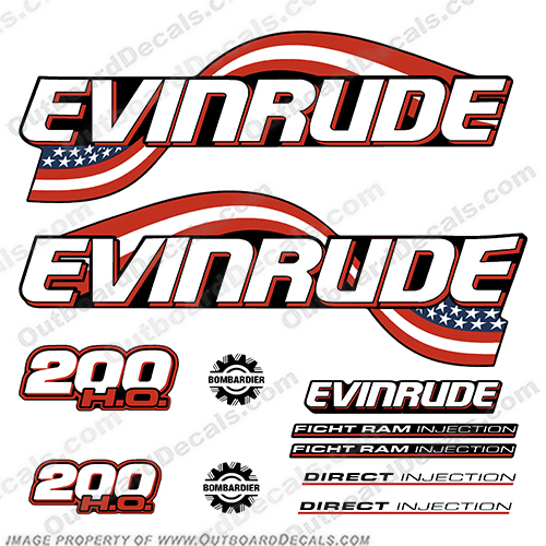 Evinrude 200hp HO Flag Series Decals - 2003 - 2005  evinrude, flag, 200hp, ho, high, output, 200, outboard, motor, engine, decal, sticker, kit, set, h.o.
