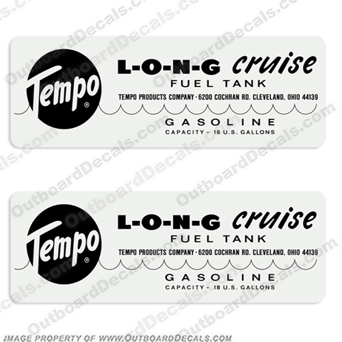 Tempo Long Cruise 18 Gallon Gasoline Fuel Tank Decal Sticker - Style 2 1970s tempo, 1970, 1971, 1972, 1973, 1974, 1975, 1976, 1977, 1978, 1979, 70, 71, 72, 73, 74, 75, 76, 77, 78, 79, outboard, engine, gas, fuel, tank, decal, sticker, replacement, new, 3 1/4, 3, gal, 3.25gal, 3.25gallon, 6, gallon, wiz, wizard, decals, INCR10Aug2021, fuel, tank, decals, tempo, long, cruise, 18, gallon, gasoline, sticker