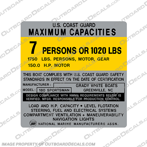 Grady White Sportsman 7 Person Boat Capacity Decal  Grady, White, Sportsman, Sports, man, 7, person, people, boat, capacity, decal, decals,