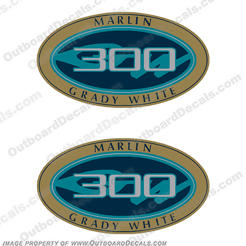 Grady White Marlin 300 Decals (Set of 2)   grady, white, gradywhite, marlin, capacity, regulation, plate, decal, sticker, 300, tournament, tarpon, hp, outboard motor, tiller, engine, decal, sticker, kit, set