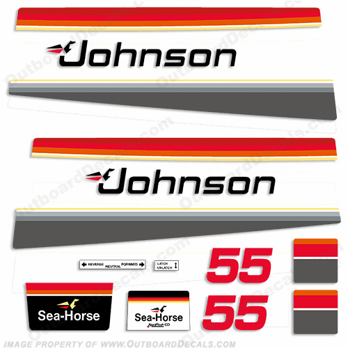 1976 Johnson 55 HP Sea Horse Outboard Repro 9Pc Marine Vinyl Decals Loop Charged 