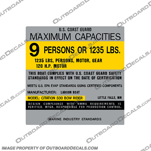 Larson Boats 500 Bow Rider Capacity Decal - 9 Person capacity, plate, sticker, decal, larson, boats, boat, 500, bow, rider, 9, person,