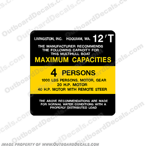Livingston 12 TC Capacity Decal - 4 Person capacity, plate, decal, livingston, 12, ft, 4, Person