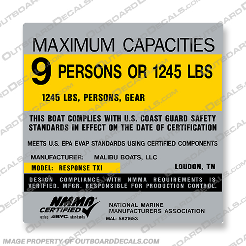 Malibu Boats Response TXI Boat Capacity Decal 9 Person Malibu, Boat, boats, response, TXI, Capacity, decal, 9, person, people, 