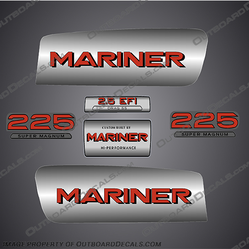 1998-2006 Mariner 225 2.5 Liter EFI Drag SS Super Magnum Decal Kit - Custom Red / Grey mariner, 225, 2.5, hp, 225hp, 225 hp, efi, super, mangnum, decals, boat, kit, stickers, custom, red, silver, 1998, 2006, hi-perfomance, built, alien, cowl, drag, ss,