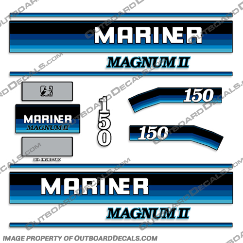 Mariner 150hp Magnum II Outboard Decals - 1988 (Blue) mariner, magnum, 150hp, 150 hp, II, ii, 2, magnumII, outboard, decals, kit, stickers, boat, engine, 1988, blue, version,