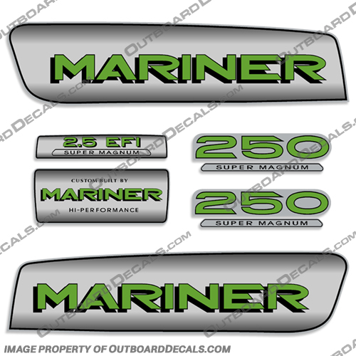 1998-2006 Mariner 250 2.5 Liter EFI Super Magnum Decal Kit - Custom Silver/Green mariner, 250, 2.5, hp, 250hp, 250 hp, efi, super, mangum, decals, boat, kit, stickers, custom, red, silver, 1998, 2006, hi-perfomance, built, alien, cowl, green