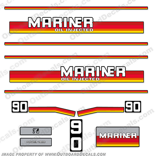 Mariner 90hp Decal Kit Oil Injected 1989 1990 90 hp, 90, mariner, 90hp, oil, injection, 1989, 89, 1990, injected, outboard, motor, engine, decal, sticker, kit, set