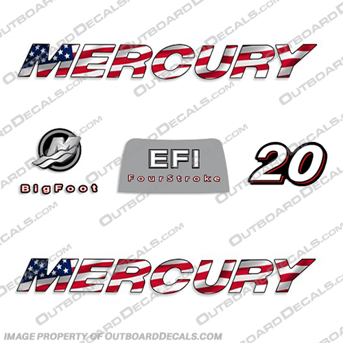 Mercury 20hp 4-Stroke EFI Decal Kit - 2006 FLAG 2006, mercury, 20, 20hp, 20 hp, straight, boat, decals, motor, engine, outboard, kit, American, America, Flag, 4-stroke, 4, stroke, four, EFI, 