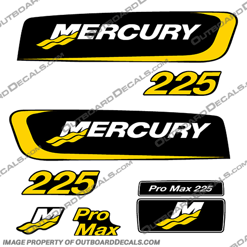 Mercury 225hp Pro Max Decal Kit - Yellow pro. max, pro max, pro-max, promax, 225, 225hp, 2.5, 225x, mercury, outboard, motor, engine, decal, sticker, kit, full, set, of decals, stickers, Yellow