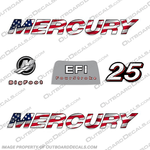 Mercury 25hp 4-Stroke EFI Decal Kit - 2006 FLAG 2006, mercury, 25, 25hp, 25 hp, straight, boat, decals, motor, engine, outboard, kit, American, America, Flag, 4-stroke, 4, stroke, four, EFI, 