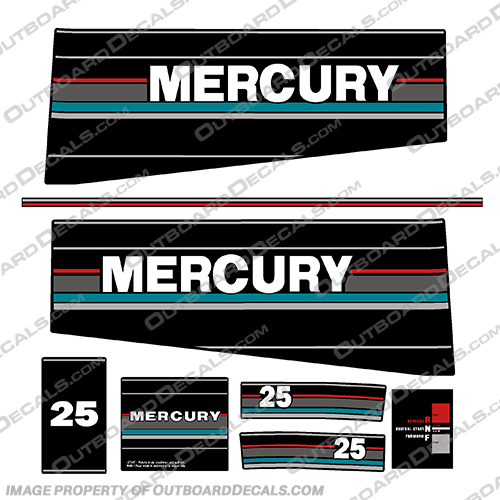 Mercury 25HP Outboard Engine Decals - 1989-1994 Teal Accent mercury, 25, 25hp, 25 hp, 1989, 1990, 1991, 1992, 1993, 1994, vintage, 89, 90, 91, 92, 93, 94, outboard, decals, stickers, kit, set, 1989-1994, teal,