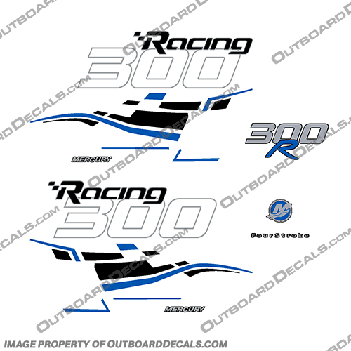 Mercury 300hp Verado Racing Decals - Black / Blue mercury, 300, 300r, racing, efi, salt, water, saltwater, custom, outboard, engine, motor, decal, sticker, kit, set, verado, black, models, engines, 6, cylinder, 2006, 2007, 2008, 2008, 2009, 2010, 2011, 2012, 2013, 2014, 2015, 2016, 2017, red, dual stripes, 