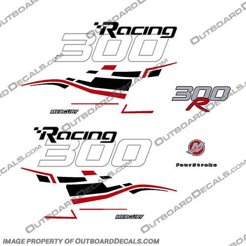 Mercury 300hp Verado Racing Decals - Black / Red mercury, 300, 300r, racing, efi, salt, water, saltwater, custom, outboard, engine, motor, decal, sticker, kit, set, verado, black, models, engines, 6, cylinder, 2006, 2007, 2008, 2008, 2009, 2010, 2011, 2012, 2013, 2014, 2015, 2016, 2017, red, dual stripes, 
