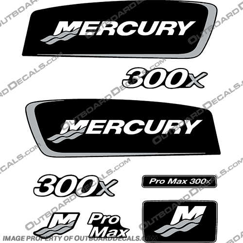 Mercury 300x ProMax Decals - Silver pro. max, pro max, pro-max, mercury, 300x, 300, x, decals, stickers, logos, outboard, boat, engine, motor, silver